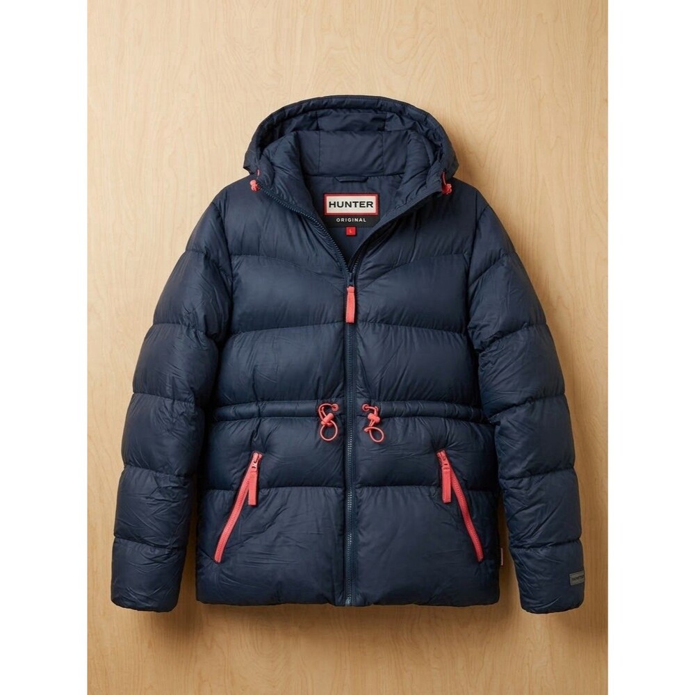 Hunter Original Women’s Hooded Puffer Jacket Navy Blue Coral Sherpa Lined Size L